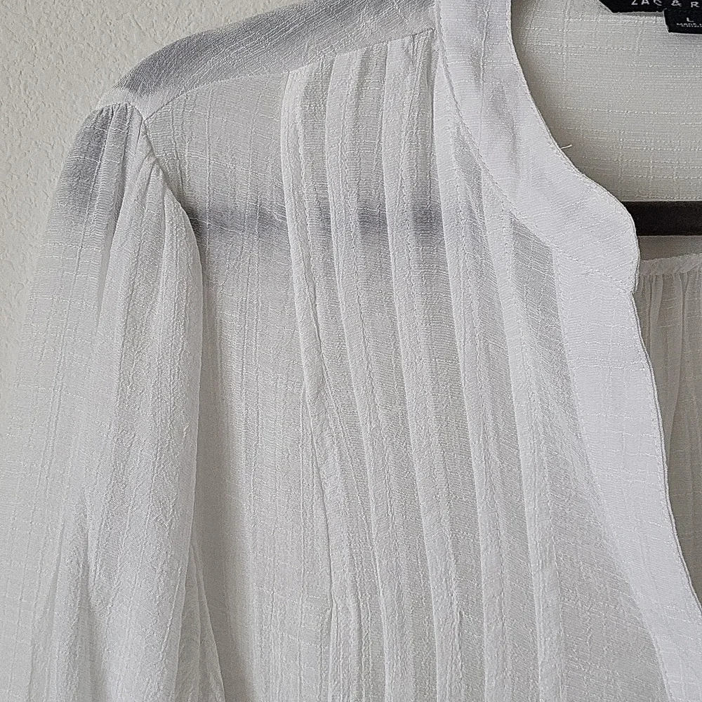 Zac & Rachel White Sheer Gauze Top Blouse Push Up Button Tab Sleeves L - Picture 6 of 8